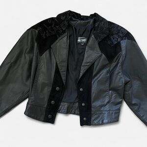 Vintage Black Leather Cropped Bomber Blazer with Floral Suede Accents - Size S